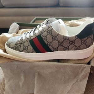 Gucci Women's Gray Monogram Sneakers with Red and Green Stripes